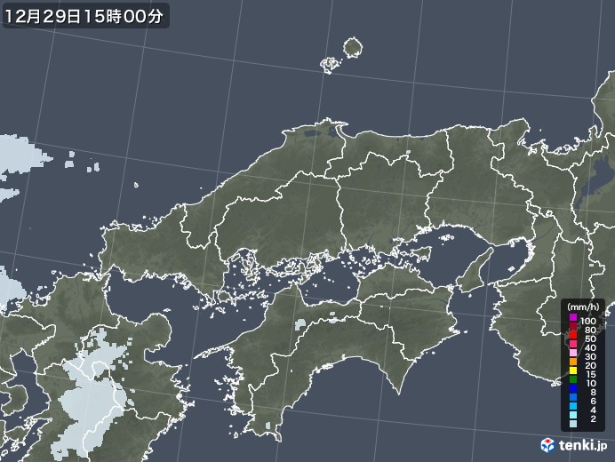 中国地方の雨雲レーダー(2020年12月29日)