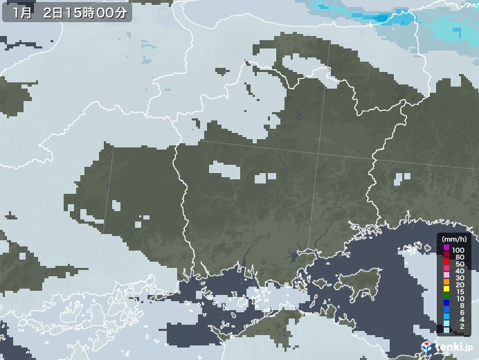 岡山県の雨雲レーダー(2021年01月02日)