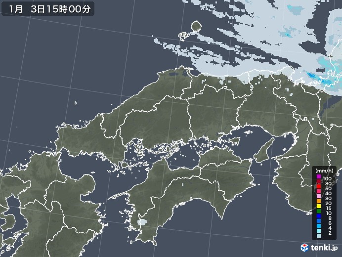 中国地方の雨雲レーダー(2021年01月03日)