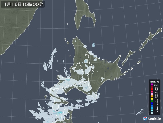 北海道地方の雨雲レーダー(2021年01月16日)