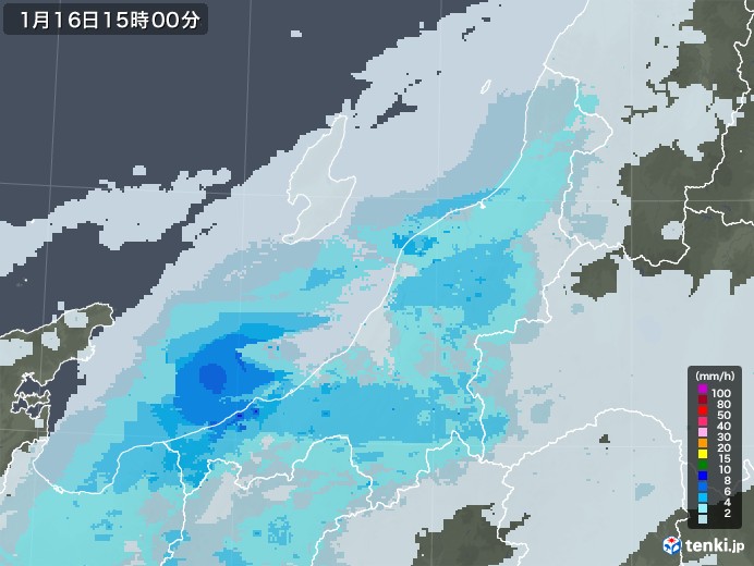 新潟県の雨雲レーダー(2021年01月16日)