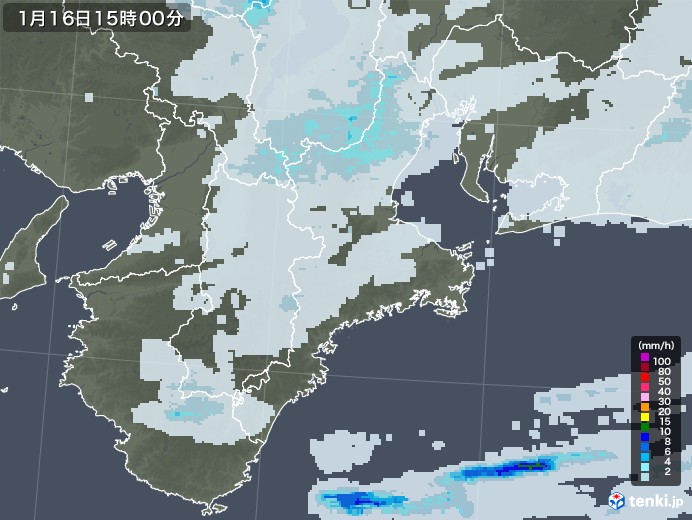 三重県の雨雲レーダー(2021年01月16日)