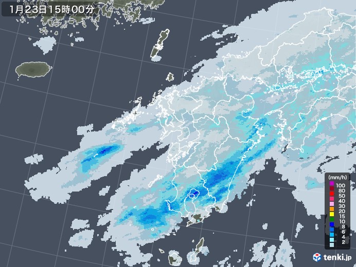 九州地方の雨雲レーダー(2021年01月23日)