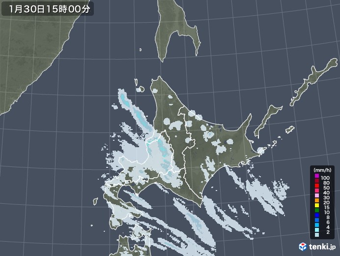 北海道地方の雨雲レーダー(2021年01月30日)