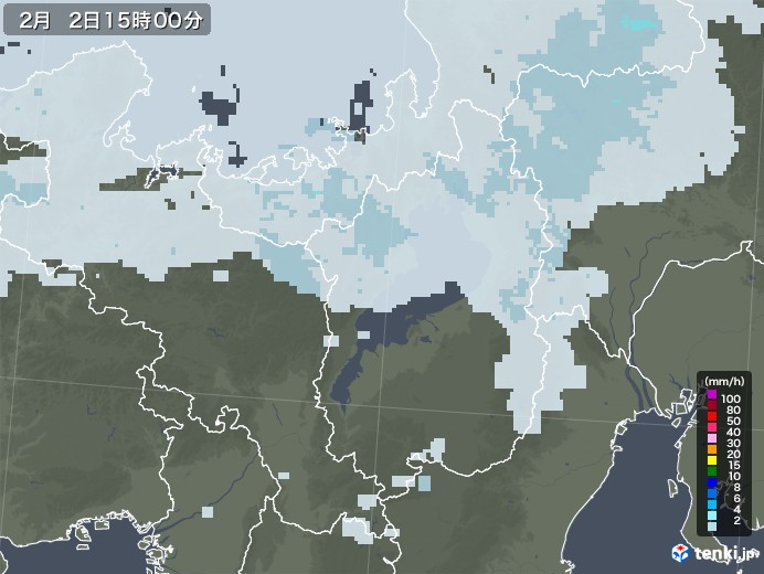 滋賀県の雨雲レーダー(2021年02月02日)