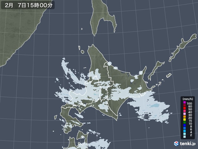 北海道地方の雨雲レーダー(2021年02月07日)