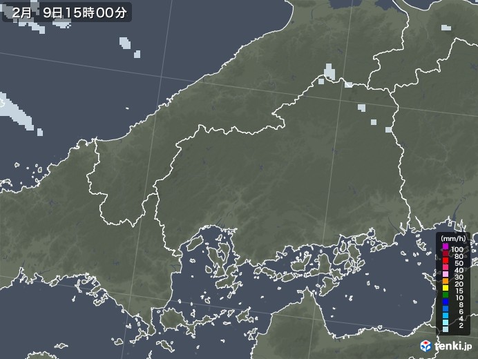 広島県の雨雲レーダー(2021年02月09日)