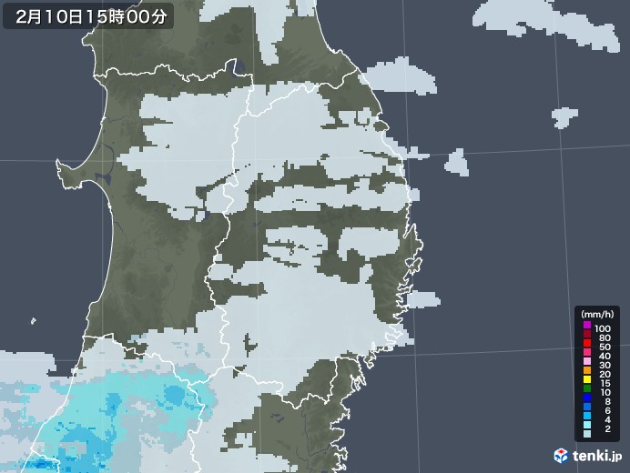 岩手県の雨雲レーダー(2021年02月10日)