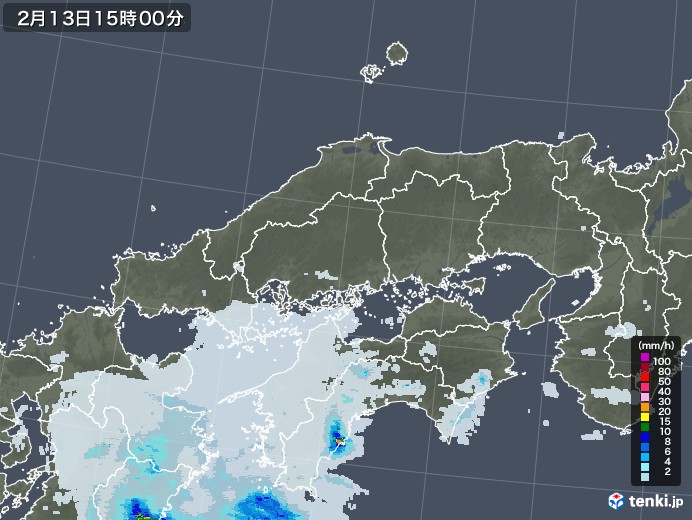 中国地方の雨雲レーダー(2021年02月13日)