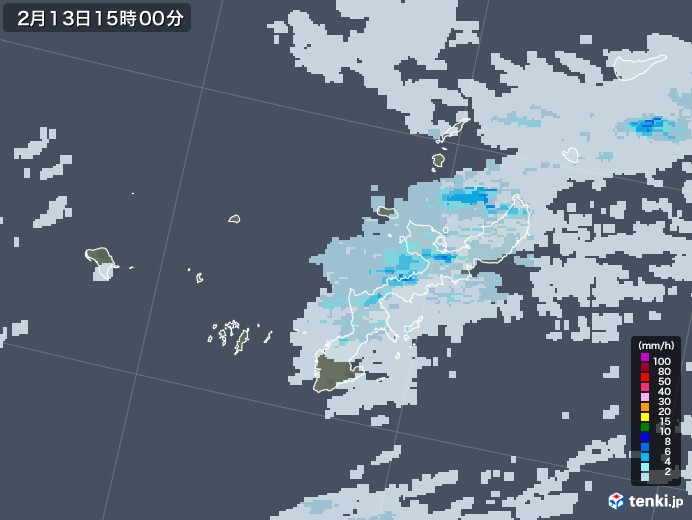 沖縄県の雨雲レーダー(2021年02月13日)