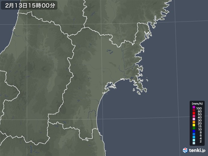 宮城県の雨雲レーダー(2021年02月13日)