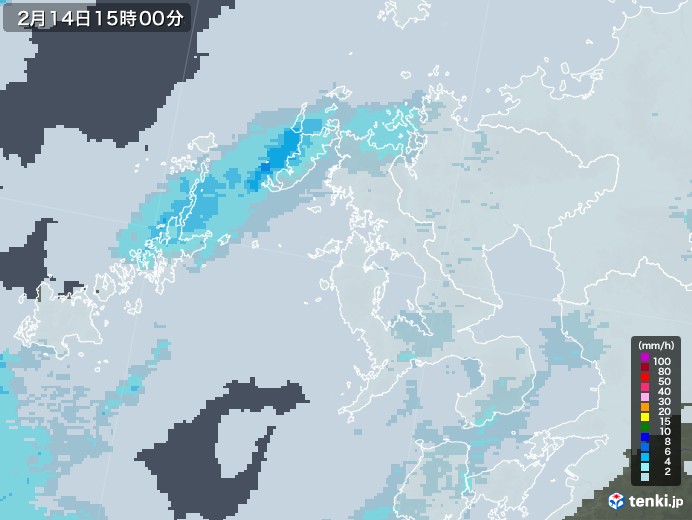 長崎県の雨雲レーダー(2021年02月14日)