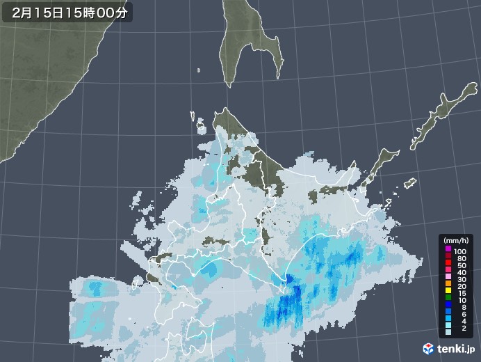 北海道地方の雨雲レーダー(2021年02月15日)
