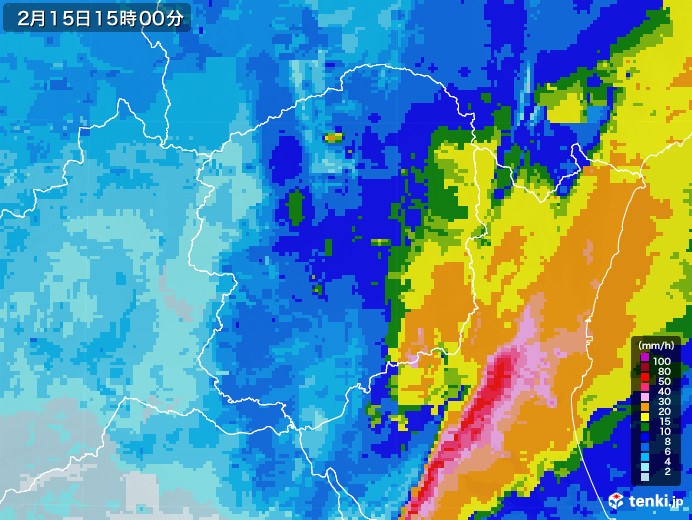 栃木県の雨雲レーダー(2021年02月15日)