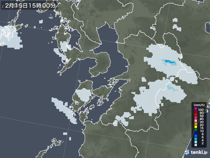 熊本県の雨雲レーダー(2021年02月15日)