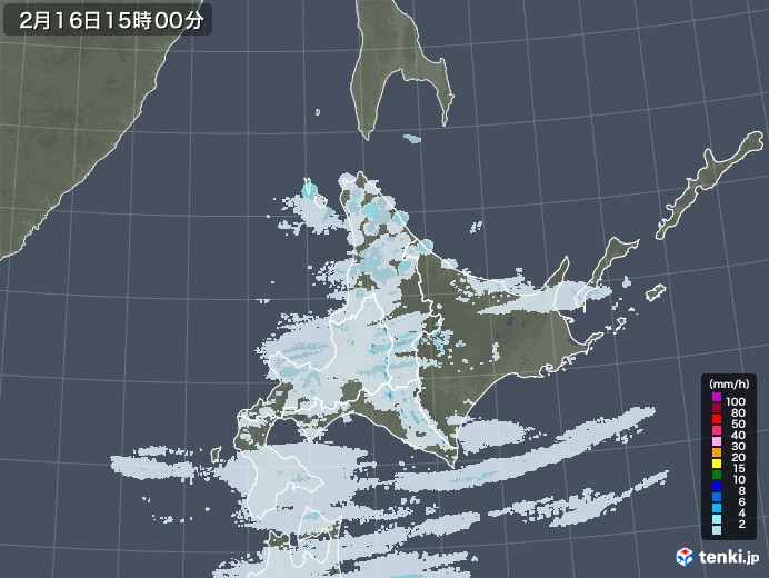 北海道地方の雨雲レーダー(2021年02月16日)