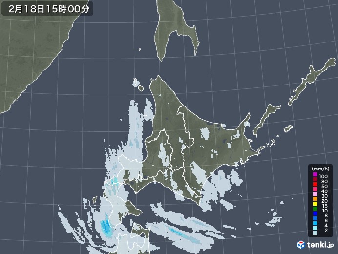 北海道地方の雨雲レーダー(2021年02月18日)