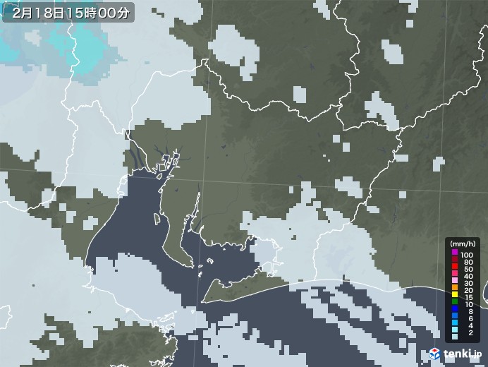 愛知県の雨雲レーダー(2021年02月18日)