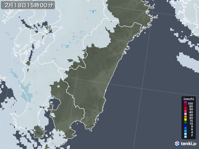 宮崎県の雨雲レーダー(2021年02月18日)