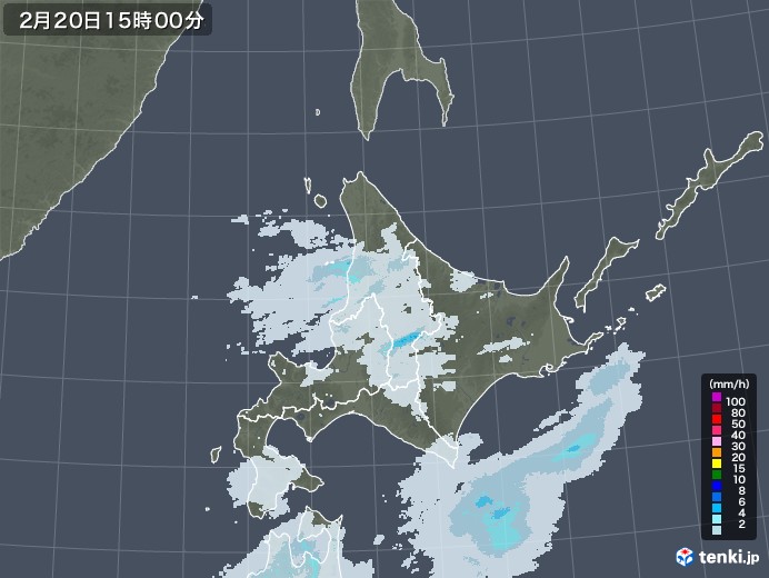 北海道地方の雨雲レーダー(2021年02月20日)