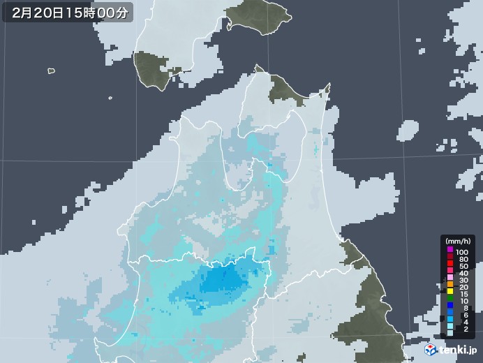 青森県の雨雲レーダー(2021年02月20日)