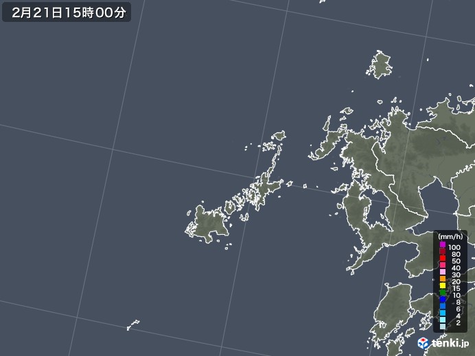 五島列島(長崎県)の雨雲レーダー(2021年02月21日)