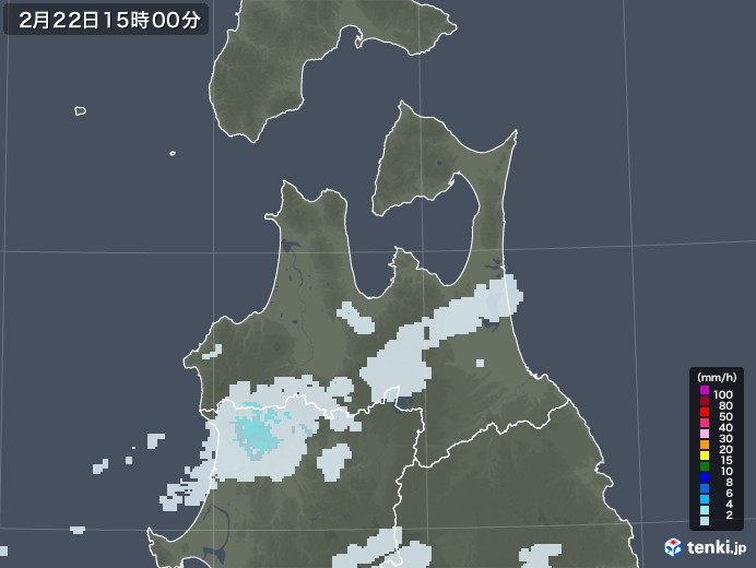 青森県の雨雲レーダー(2021年02月22日)