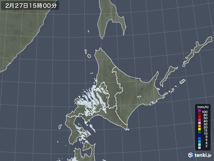 北海道地方の雨雲レーダー(2021年02月27日)