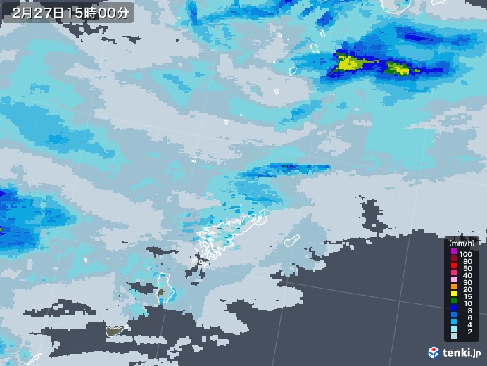 奄美諸島(鹿児島県)の雨雲レーダー(2021年02月27日)