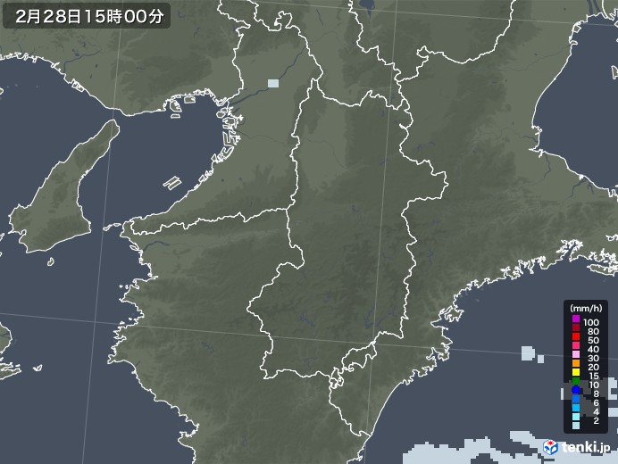 奈良県の雨雲レーダー(2021年02月28日)