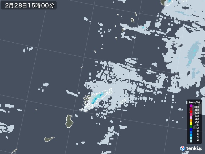 奄美諸島(鹿児島県)の雨雲レーダー(2021年02月28日)