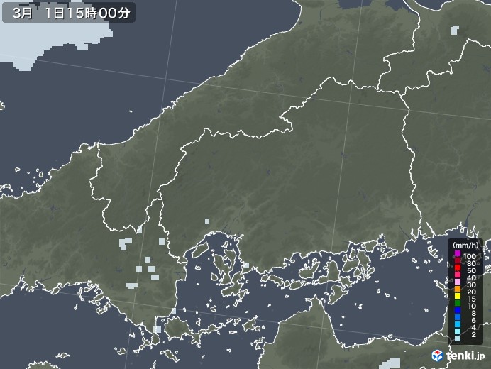 広島県の雨雲レーダー(2021年03月01日)