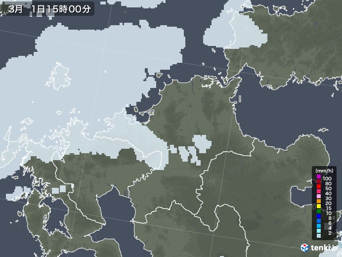 福岡県の雨雲レーダー(2021年03月01日)