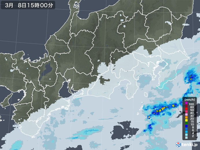 東海地方の雨雲レーダー(2021年03月08日)