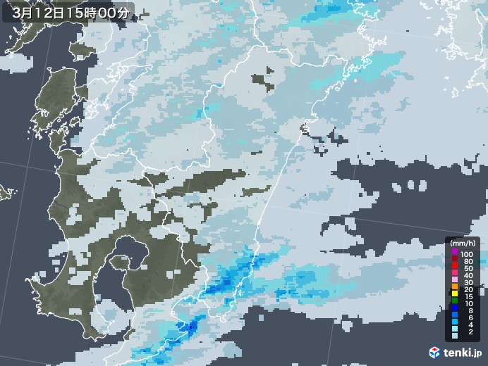 宮崎県の雨雲レーダー(2021年03月12日)