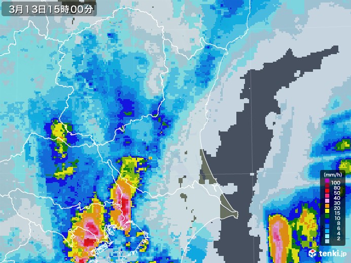 茨城県の雨雲レーダー(2021年03月13日)