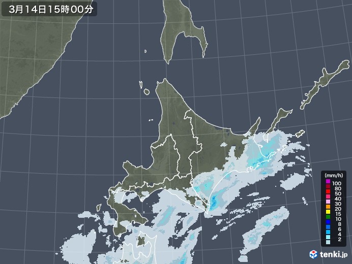 北海道地方の雨雲レーダー(2021年03月14日)