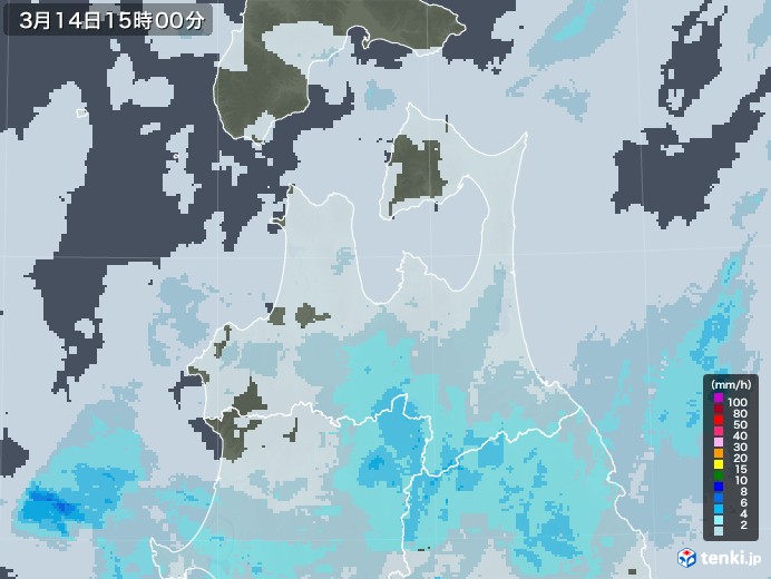 青森県の雨雲レーダー(2021年03月14日)