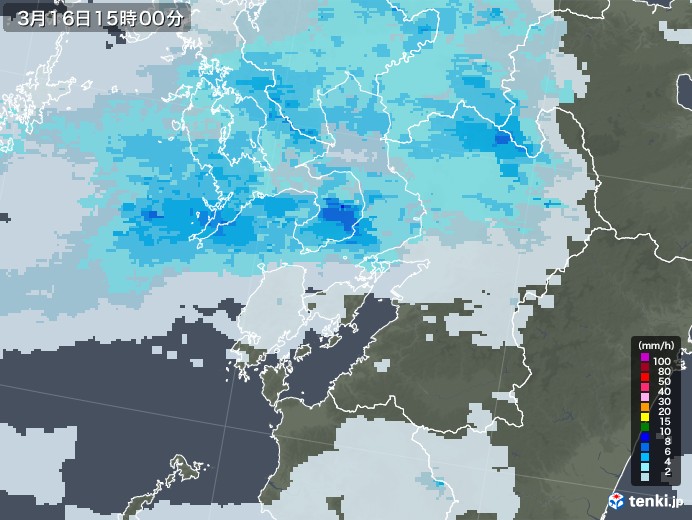 熊本県の雨雲レーダー(2021年03月16日)