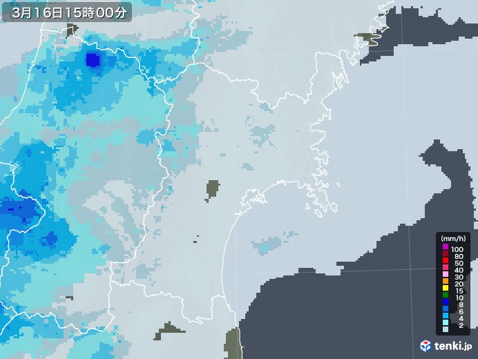 宮城県の雨雲レーダー(2021年03月16日)