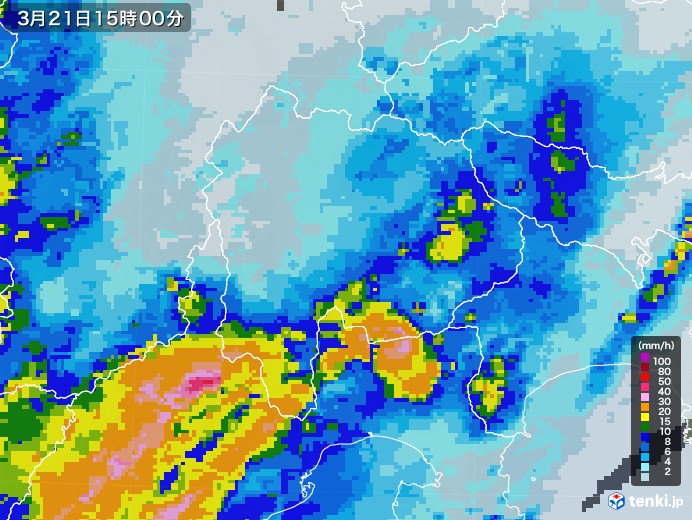 山梨県の雨雲レーダー(2021年03月21日)