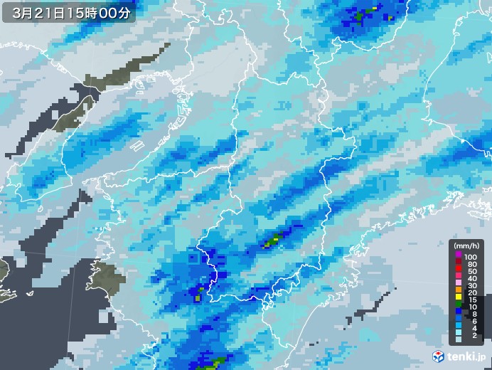 奈良県の雨雲レーダー(2021年03月21日)