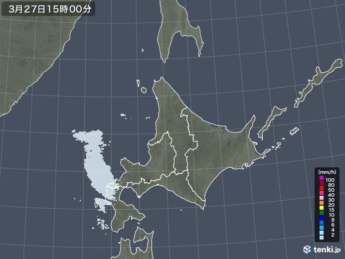 北海道地方の雨雲レーダー(2021年03月27日)
