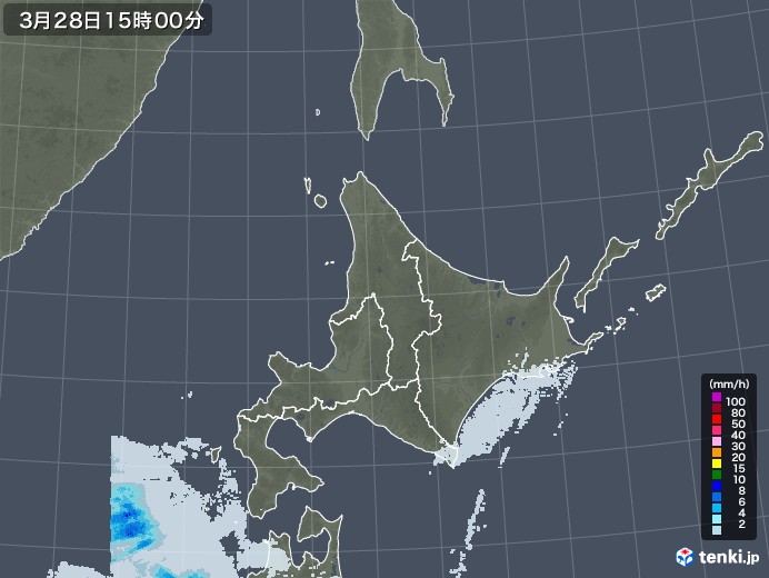 北海道地方の雨雲レーダー(2021年03月28日)