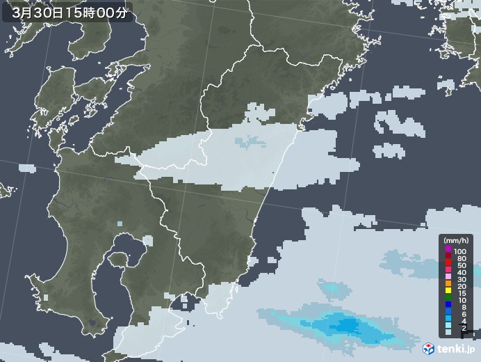 宮崎県の雨雲レーダー(2021年03月30日)
