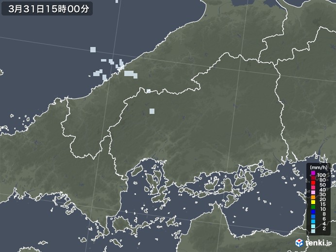 広島県の雨雲レーダー(2021年03月31日)