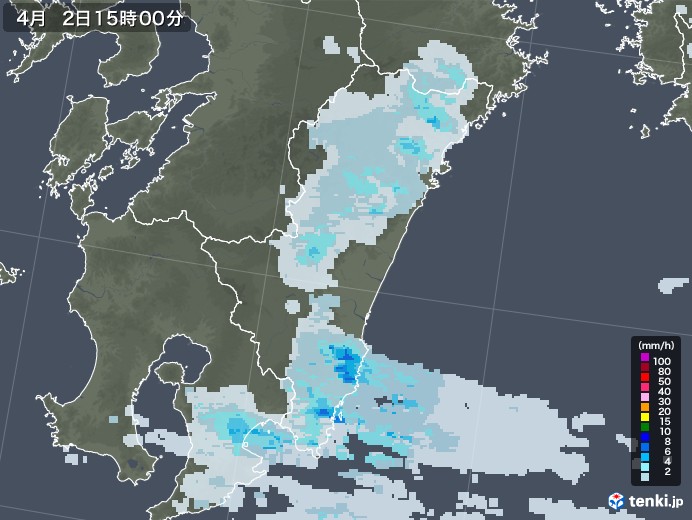 宮崎県の雨雲レーダー(2021年04月02日)