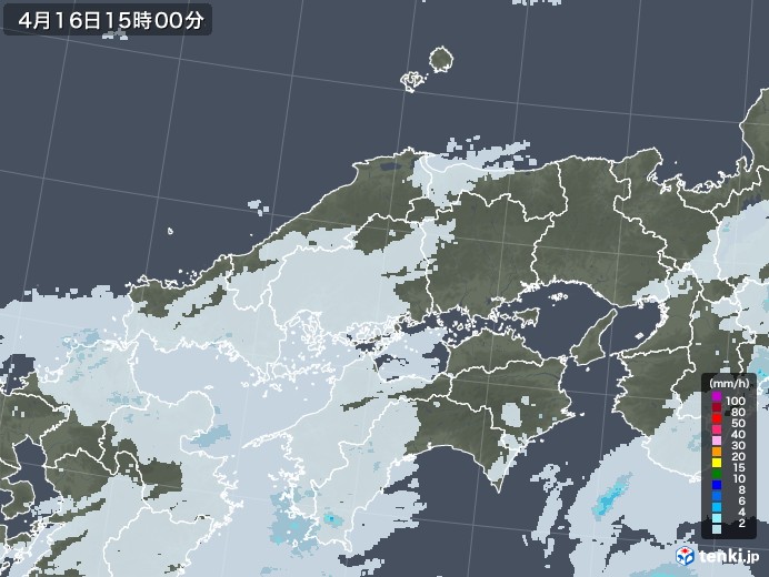 中国地方の雨雲レーダー(2021年04月16日)