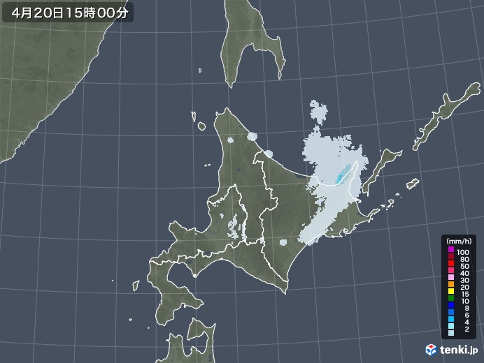 北海道地方の雨雲レーダー(2021年04月20日)