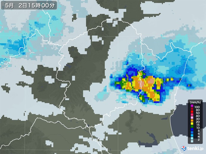 栃木県の雨雲レーダー(2021年05月02日)